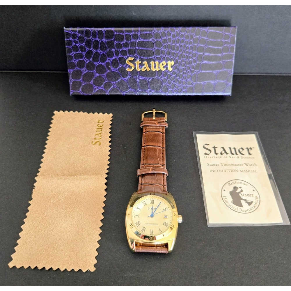 Stauer Timemaster Watch - No. 30021 - Gold-Tone Dial & Brown Leather Strap - NIB